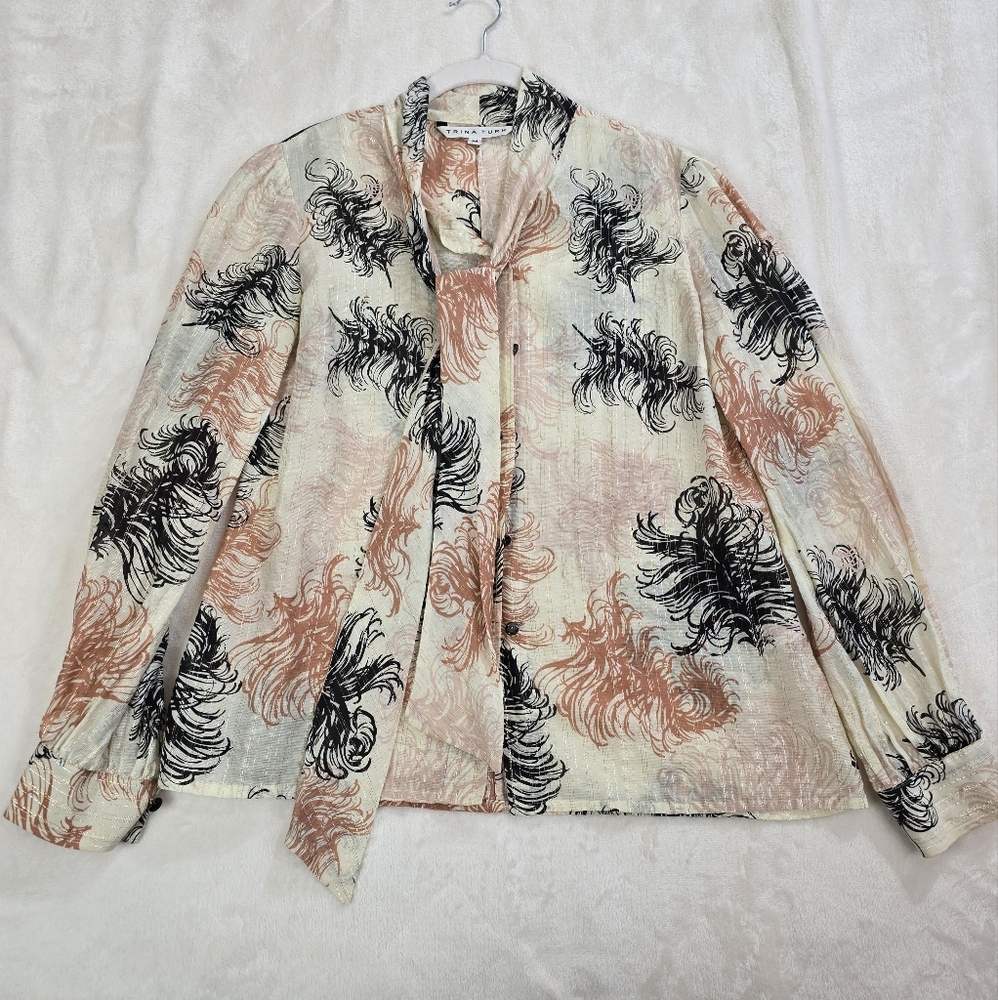 Trina Turk neck tie feather design silk blend blouse Size M